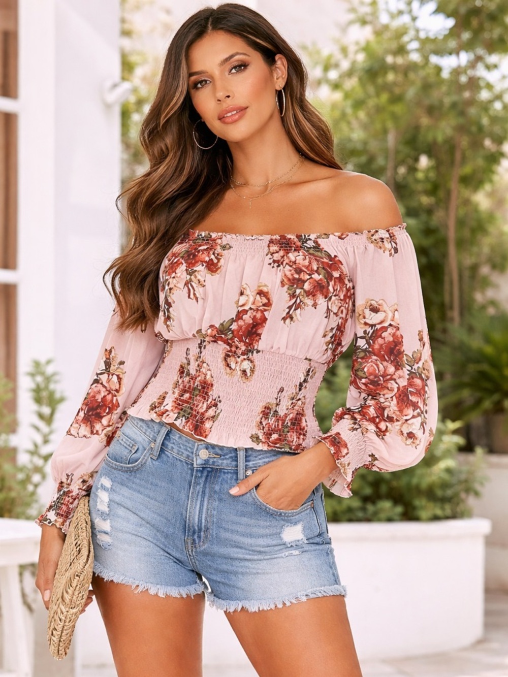 Streetwear Society Floral Smocked Off the Shoulder Crop Top L Pink Cottagecore
